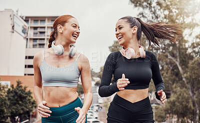 Buy stock photo Fitness, city and friends running together for a wellness, health and endurance exercise. Sports, healthy athletes and happy women runners doing a cardio workout for sport training in a town.