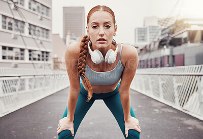 Buy stock photo Sports, exercise and portrait of woman in city with motivation, determination and focus for health goals. Running, fitness and face of girl in urban town for workout, wellness and marathon training