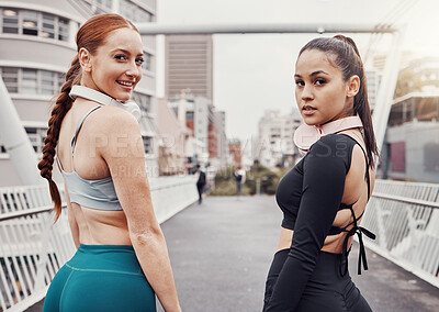 Buy stock photo Portrait, fitness or friends on a bridge for training, cardio workout or exercise together in an urban city. Girl runners, partnership or healthy sports women ready to start running for body goals