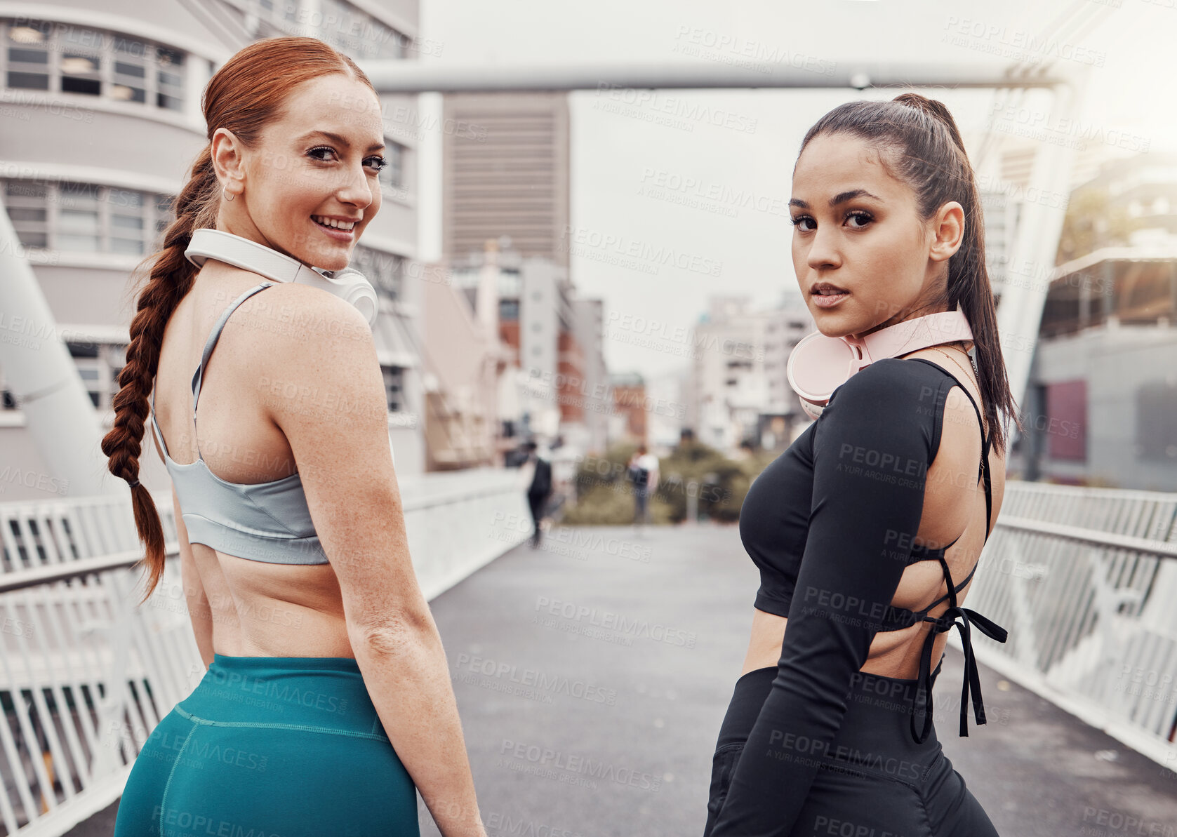 Buy stock photo Portrait, fitness or friends on a bridge for training, cardio workout or exercise together in an urban city. Girl runners, partnership or healthy sports women ready to start running for body goals