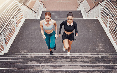 Buy stock photo Fitness, sports or friends running on steps exercise together for healthy lifestyle, wellness or exercising for marathon. Athletes, runners or fast women training in cardio workout on stairs in city