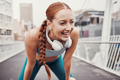 Buy stock photo Fitness, sports and face of woman laugh in city with motivation, happiness and smile for health achievement. Running, exercise and happy girl in urban town for workout, wellness and marathon training