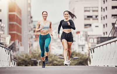 Buy stock photo Women are running in city, fitness and cardio outdoor, exercise friends and active lifestyle together. Sport, health and training, runner on urban bridge with healthy people in California and mockup