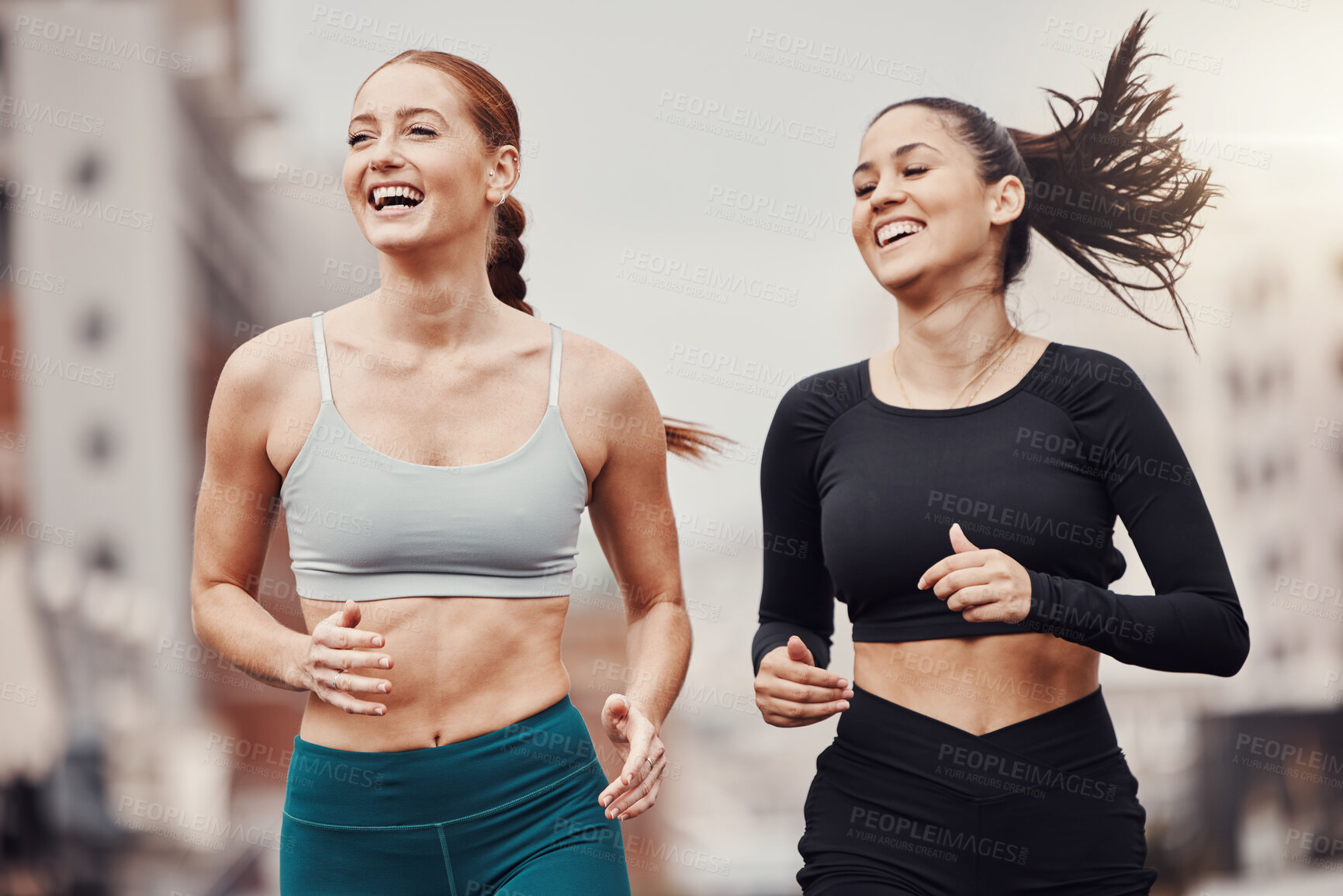 Buy stock photo City fitness, friends and happy running for wellness, energy and outdoor exercise. Sports, healthy women and runner athletes training for cardio workout in urban street with freedom, power and smile