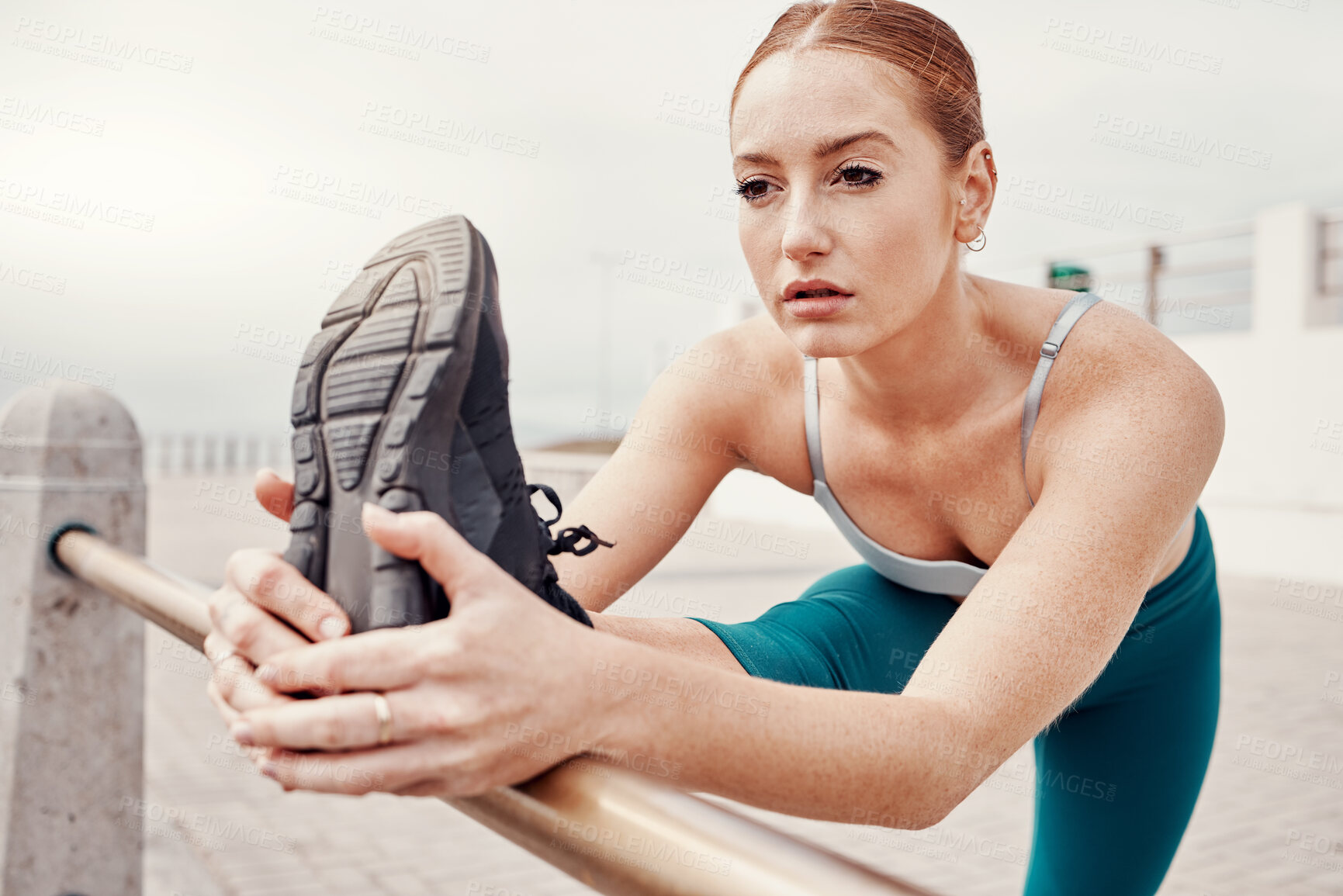 Buy stock photo Stretching, start and woman thinking on the promenade for running, fitness and sports in Philippines. Ready, training and runner with a warm up for legs before a cardio workout, exercise and marathon