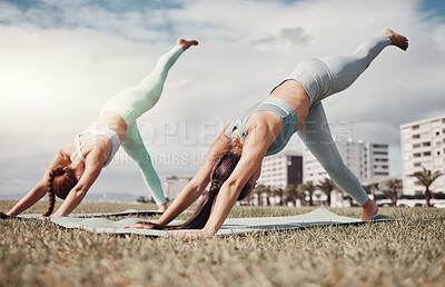 Buy stock photo Yoga, exercise and wellness with woman friends in the park together for mental health or fitness. Pilates, zen or downward dog with a female yogi and friend outside on a field for a summer workout