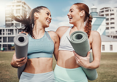 Buy stock photo Yoga, fitness and laughing with woman friends in the park together for mental health exercise. Pilates, funny and training with a female yogi and friend outside on a grass field for a summer workout