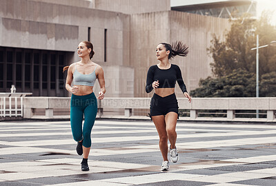 Buy stock photo Fitness, city and friends running together for wellness, energy or outdoor exercise. Sports, healthy women and runner athletes training for cardio workout in urban town with freedom, power and action