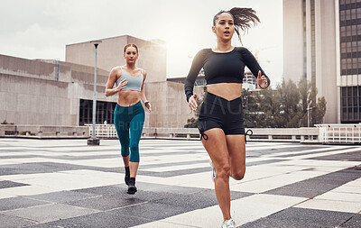 Buy stock photo Women, running and fitness in city with cardio, exercise friends and active lifestyle together in Cape Town. Sports, health and body training, runner run race on urban rooftop with healthy people