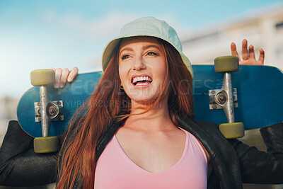 Buy stock photo Youth, freedom and skateboard with woman in city for summer, sports and relax lifestyle. Training, fitness and happy with girl walking in urban town enjoying adventure, wellness and skating break