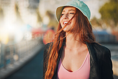 Buy stock photo Travel, happy and mockup with a woman in the city, walking outdoor as a tourist on a summer day. Thinking, freedom and flare with an attractive young female traveler taking a walk for tourism
