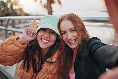 Buy stock photo Selfie, freedom and portrait of friends on vacation in the city for summer fun and bonding. Happy, travel and women with smile taking picture together outdoor in town while on holiday or weekend trip
