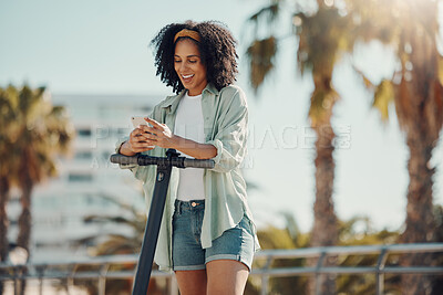 Buy stock photo Technology, scooter and black woman with phone in city for social media, texting or web scrolling. Travel, communication and female with electric moped and 5g smartphone laughing at meme in street.