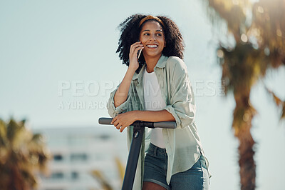 Buy stock photo Phone call, scooter and black woman in city talking, chatting or speaking outdoors. Travel, communication and happy female with electric moped and 5g mobile for conversation and networking in street.