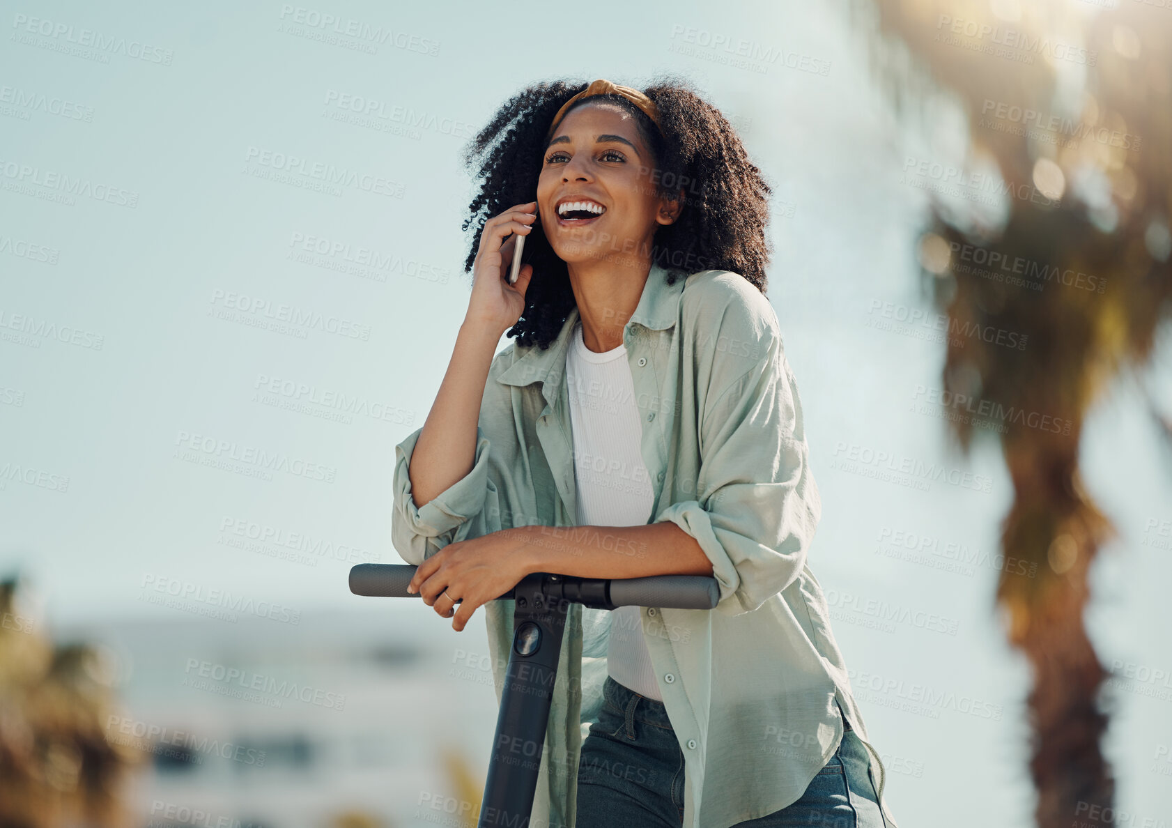 Buy stock photo Phone call, city scooter and black woman talking, chatting or speaking outdoors on street. Travel, communication and happy female with electric moped and 5g mobile laughing at comic conversation.