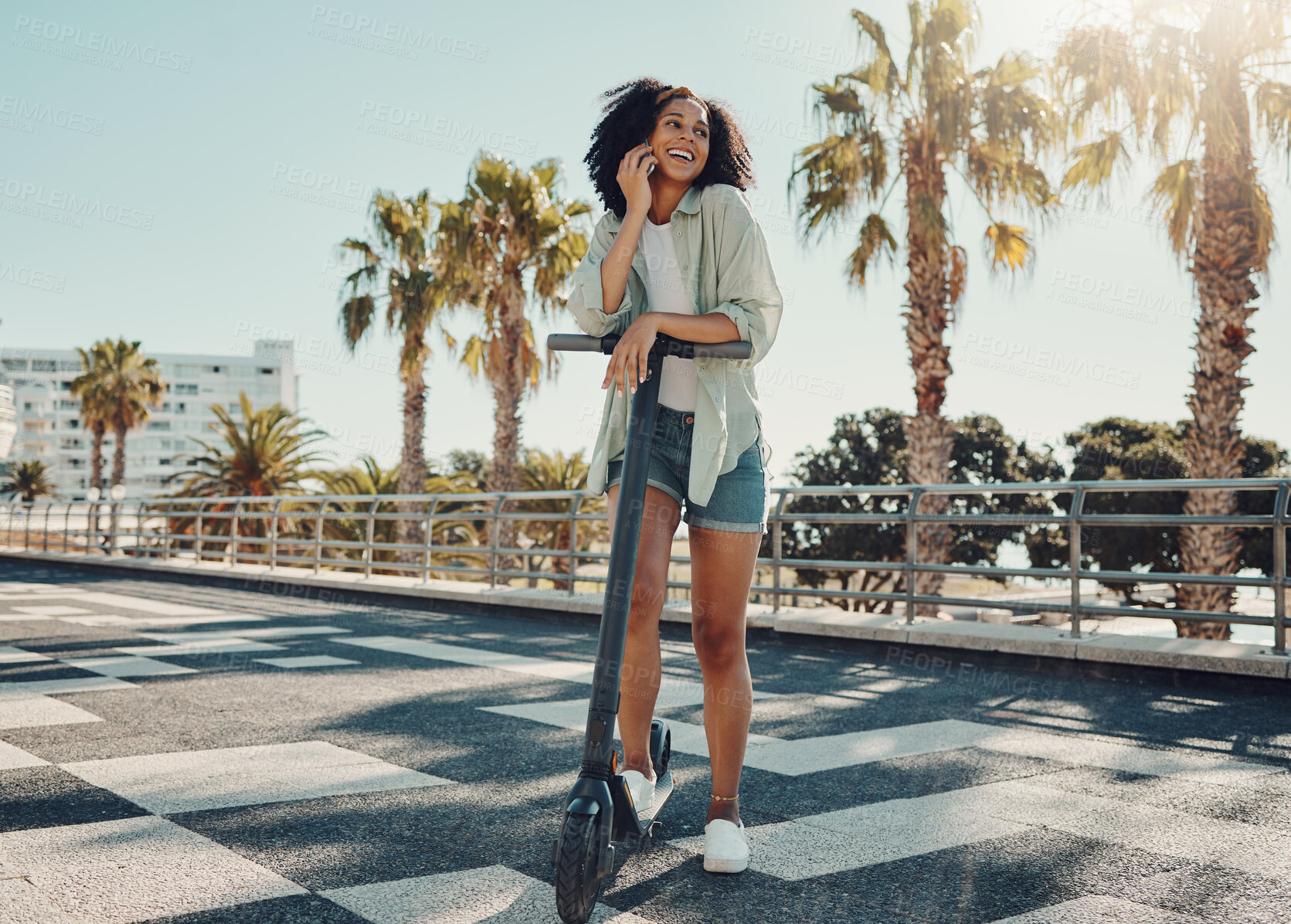 Buy stock photo City, phone call and black woman on scooter talking, chatting or speaking outdoors on street. Travel, communication and happy female with electric moped and 5g mobile laughing at comic conversation.