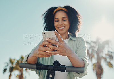 Buy stock photo Phone, scooter and black woman with technology in city for social media, texting or internet browsing. Travel, communication and hands of female with electric moped and 5g smartphone for networking.