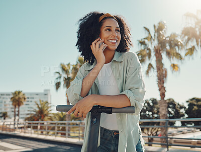Buy stock photo City scooter, phone call and black woman talking, chatting or speaking outdoors on street. Travel, communication and happy female with electric moped and 5g mobile for networking or conversation.
