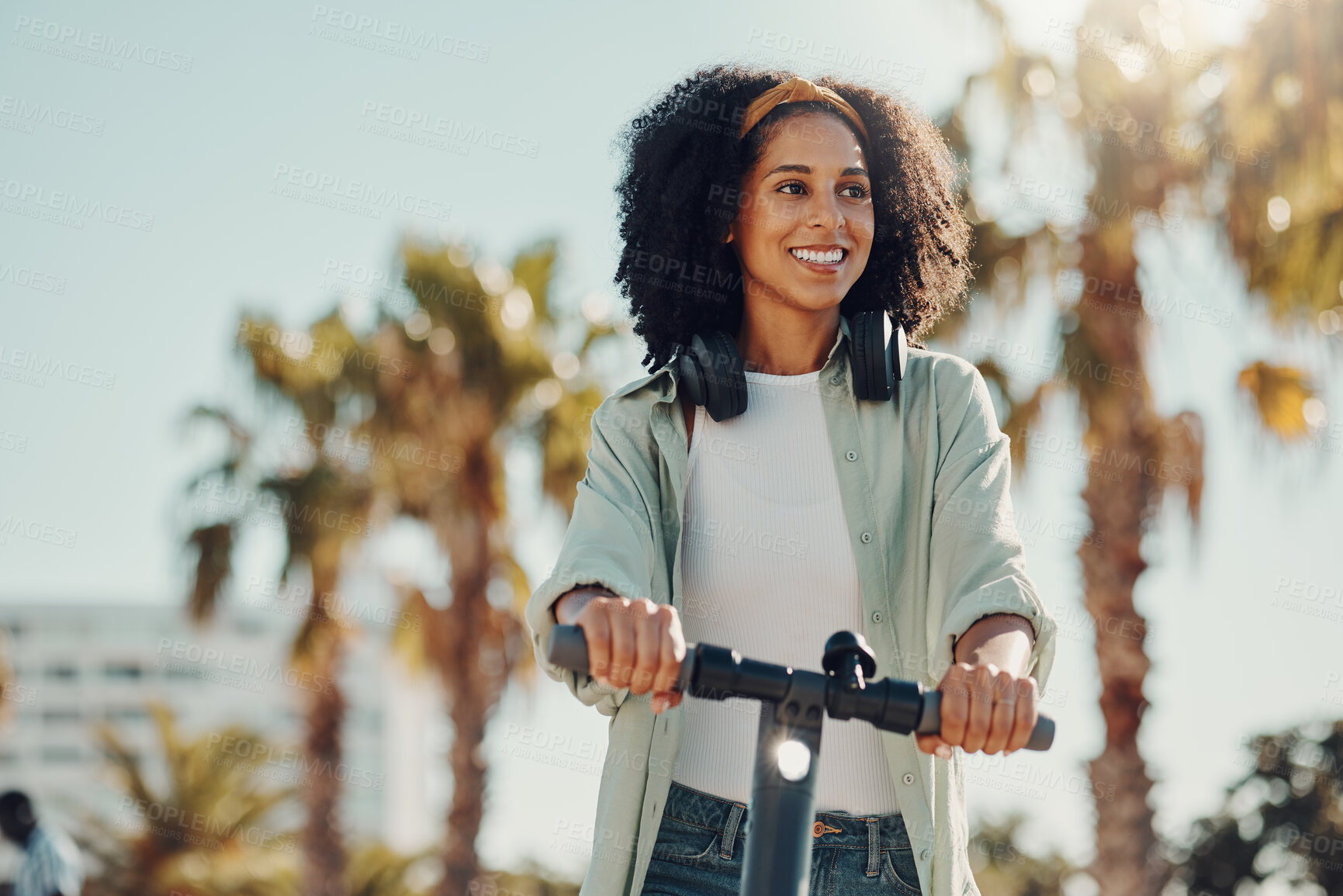 Buy stock photo black woman, scooter or ebike for city travel while thinking about idea for eco friendly lifestyle. Happy model person on future electric bike for environment and carbon footprint on road in Miami