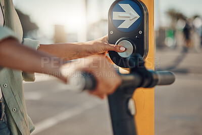 Buy stock photo Woman, hands and pressing pedestrian crossing signal for safety, security or assurance for travel in the city. Hand of female at traffic light pushing button for crosswalk or street on electric bike
