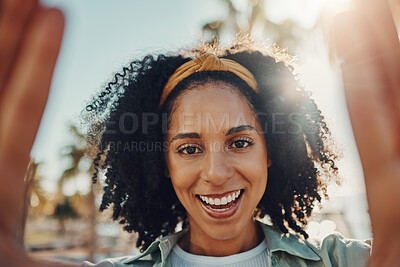 Buy stock photo Face portrait, selfie and happy black woman taking pictures to remember memory, social media or profile picture. Smile, beauty and female from South Africa taking photo outdoors in nature or park.