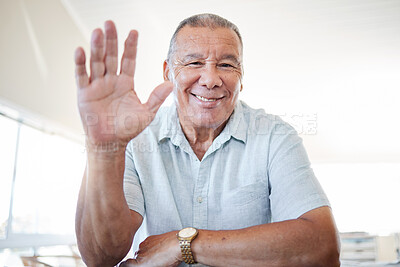 Buy stock photo Senior man, hand and portrait for video call to wave hello for communication with zoom connection. Smile and face of happy old person with emoji for greeting during virtual conversation or home chat
