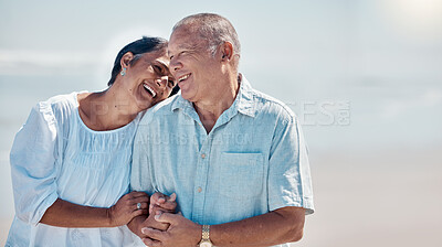 Buy stock photo Senior couple, beach and laughing of love, relax and mockup on summer holiday, vacation or date. Happy retirement, man and woman at ocean for happiness, support and smile in care together in sunshine