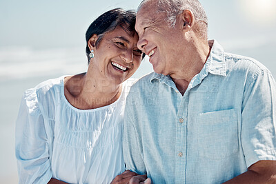 Buy stock photo Senior couple, ocean and smile for love, relax and travel on summer holiday, vacation and date. Happy retirement, man and woman at beach for happiness, support and trust in care together in sunshine