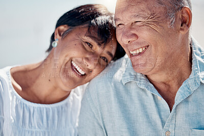 Buy stock photo Senior couple, sunshine and smile for love, care and romance on summer holiday, vacation or date. Happy man, woman and retirement people outdoors for happiness, support and relax in romantic marriage
