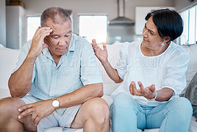 Buy stock photo Conflict, discussion and senior couple fighting with marriage problem, stress and sad about divorce. Communication, depression and elderly woman speaking to man about retirement plan while frustrated