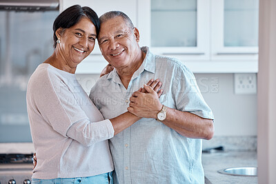 Buy stock photo Old couple, love and hug in portrait, relax at home with partnership, care and retirement together. Trust, support and commitment in marriage and life partner, healthy relationship with happy people