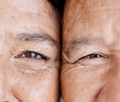 Buy stock photo Love, eyes and half with a senior couple closeup, face touching skin wrinkles for romance in retirement. Zoom, elderly or pension with a mature man and woman bonding while feeling hope or nostalgia