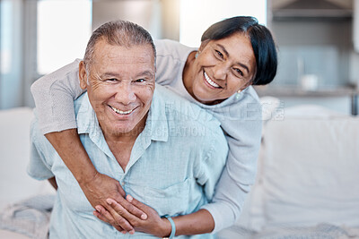 Buy stock photo Love, retirement and portrait with an old couple in the living room of their home together to relax. Sofa, bonding or marriage with a senior man and woman relaxing in the lounge of their house