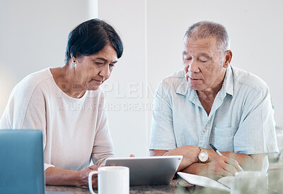 Buy stock photo Senior couple, tablet and home of elderly people in retirement looking at web data. Digital, house research and marriage of a Indian woman and man together in a house streaming a internet video