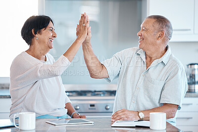 Buy stock photo High five, tablet and senior couple in kitchen happy for success in online banking, ecommerce and internet. Love, retirement and elderly man and woman celebrate with digital tech, notebook and smile