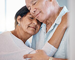 Calm senior couple hug with love, care and romance in home. Man, woman and face of retirement people relax with embrace for happiness, support and peaceful marriage together with trust in partner 