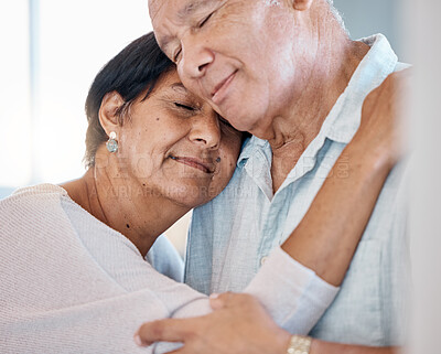 Buy stock photo Calm senior couple hug with love, care and romance in home. Man, woman and face of retirement people relax with embrace for happiness, support and peaceful marriage together with trust in partner 