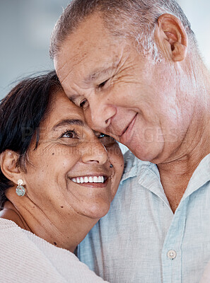 Buy stock photo Senior couple, hug and smile of love, care and romance at home. Happy man, woman and face of retirement people embrace for happiness, support and relax in marriage together, house or trust of partner