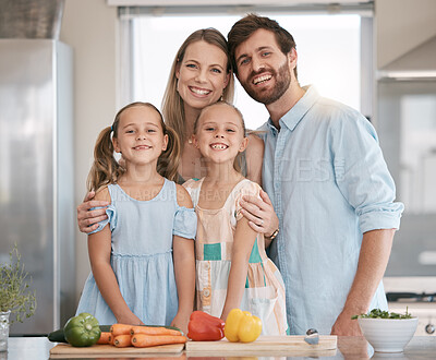 Buy stock photo Portrait of parents and children cooking with vegetables in kitchen for lunch, dinner or meal prep ingredients. Family, food and smile of mom, dad and girls learning, teaching and helping at home