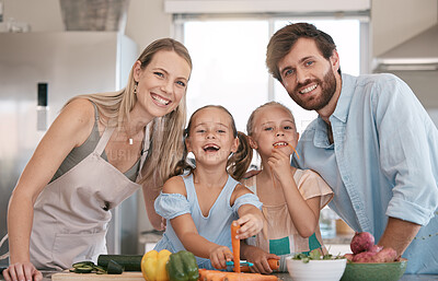 Buy stock photo Portrait of mom, dad and children cooking in kitchen with vegetables for healthy lunch, food or diet. Family, smile and parents with girls learn chef skills and help cut ingredients for meal prep