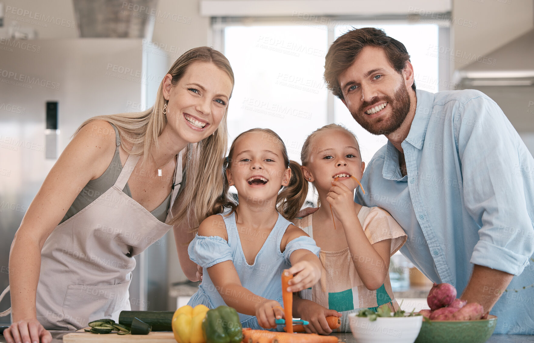 Buy stock photo Portrait of mom, dad and children cooking in kitchen with vegetables for healthy lunch, food or diet. Family, smile and parents with girls learn chef skills and help cut ingredients for meal prep