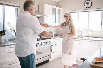 Buy stock photo Senior couple, bonding and dancing in kitchen, house or family home in support trust, love or fun energy celebration. Smile, happy and retirement man in dance with elderly woman in romance marriage