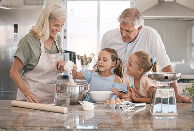 Buy stock photo Kitchen, baking and senior family with children bonding, love and learning in morning with breakfast support. Real people or grandparents and girl kids teaching, cooking and food for home development