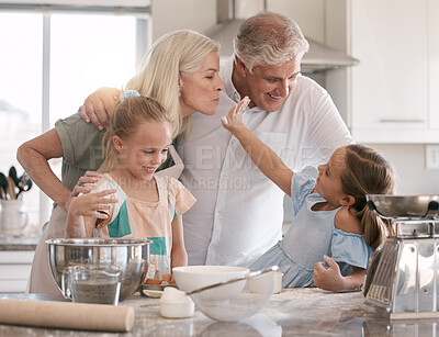 Buy stock photo Happy family, baking and children helping grandparents in home kitchen with food. Woman, man and girl kids learning to make cookies, pancakes or cake for breakfast with love, care and teamwork