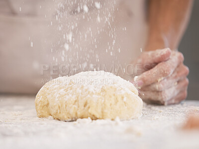 Buy stock photo Woman hands, baking or flour sprinkle on kitchen table, countertop or desk for pastry dish, wheat cake or lunch pie food. Zoom, chef or cooking dough for bakery pudding, dessert or cookies in house