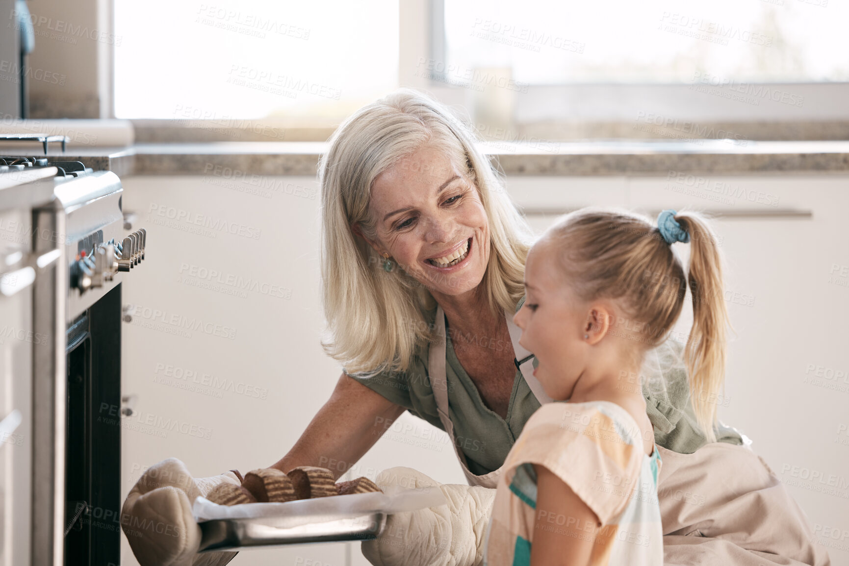 Buy stock photo Wow child, girl or oven baking grandparent, senior or elderly woman in kitchen, bonding house or family home. Happy surprised or amazed cooking kid with grandmother in dessert, cake or food learning