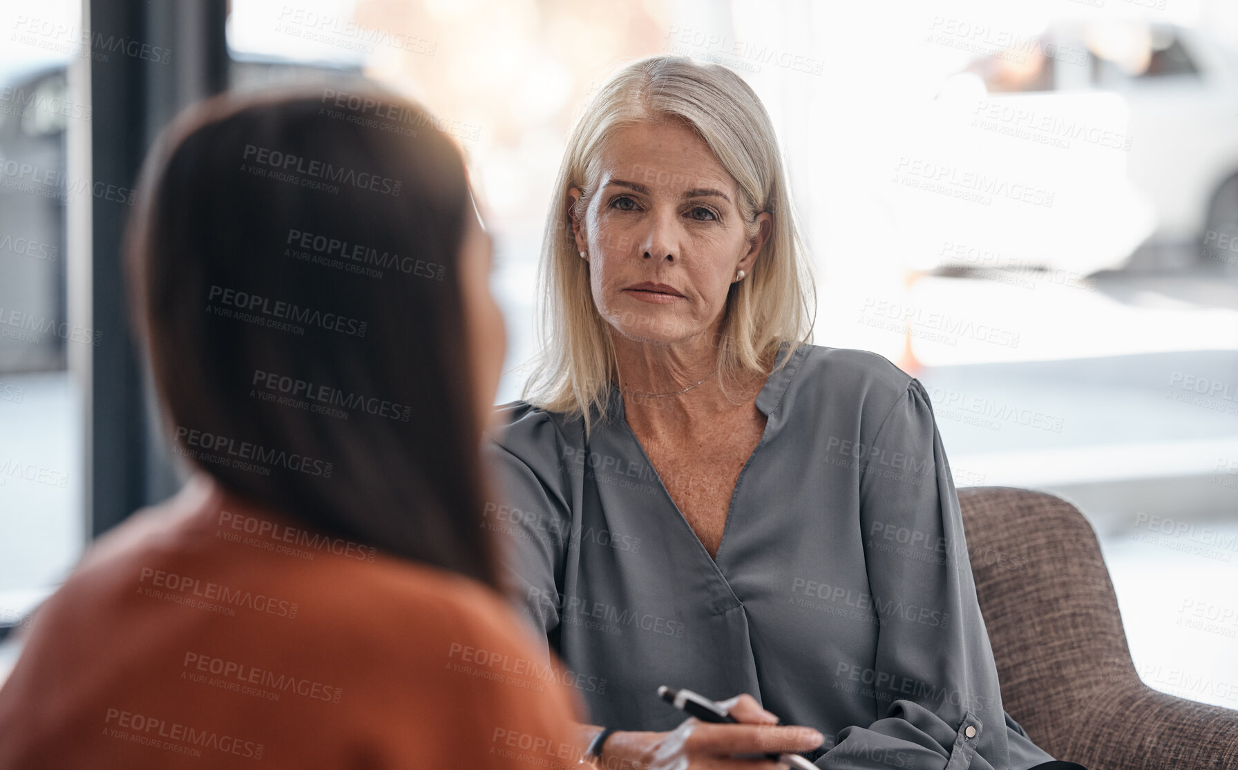 Buy stock photo Listening, analysis and psychologist with a woman for therapy, consultation and anxiety support. Psychology, helping and therapist talking to a patient about depression during counseling meeting