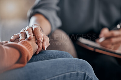 Buy stock photo Closeup, hands and support in therapy, conversation and grief with compassion, empathy or support. Zoom, hand or female with sadness, therapist or communication for solutions, mental health or stress