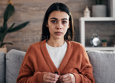 Buy stock photo Portrait, mental health and therapy with a black woman patient in an office, sitting in an office to talk about depression. 