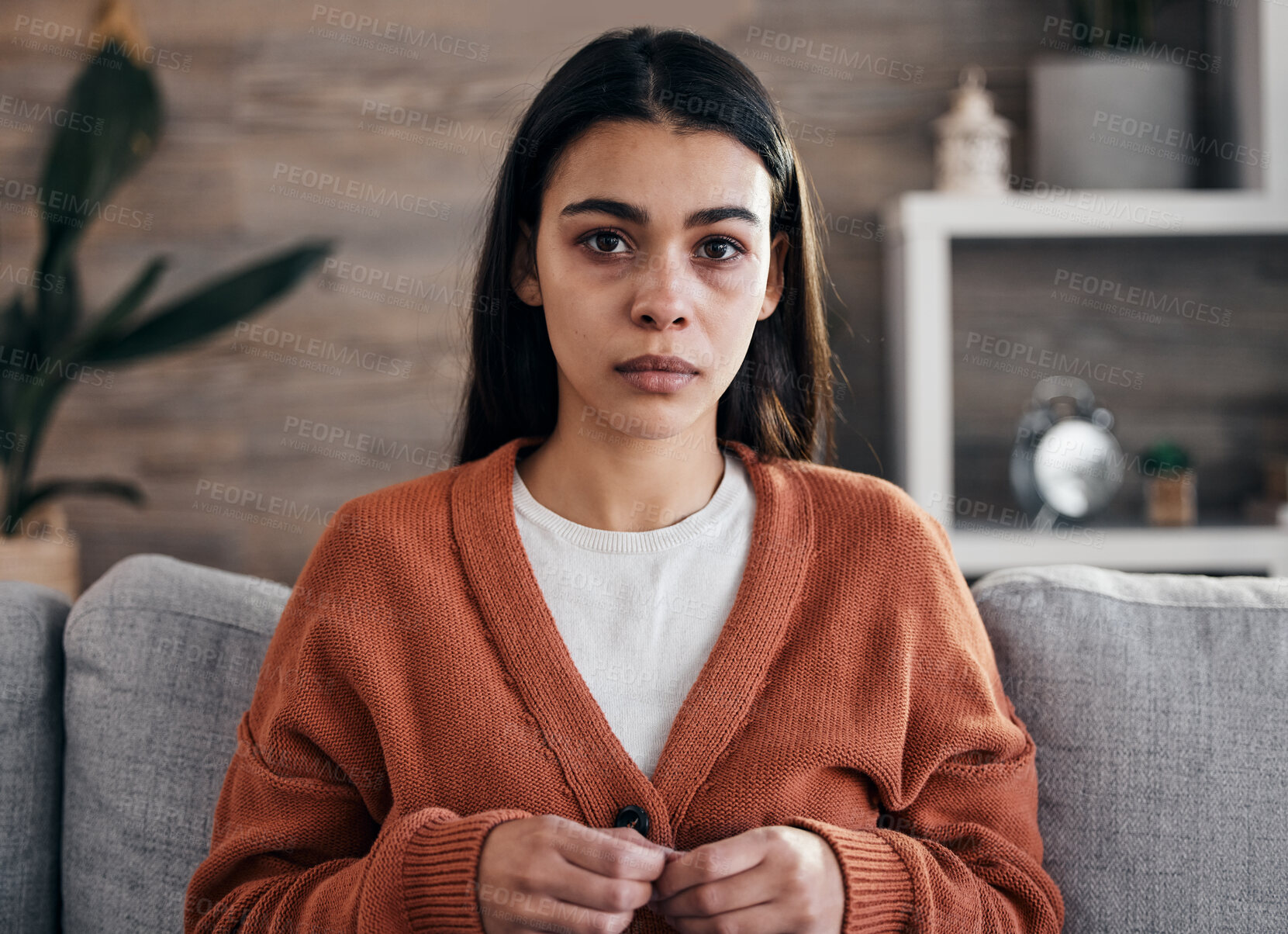 Buy stock photo Portrait, mental health and therapy with a black woman patient in an office, sitting in an office to talk about depression. 